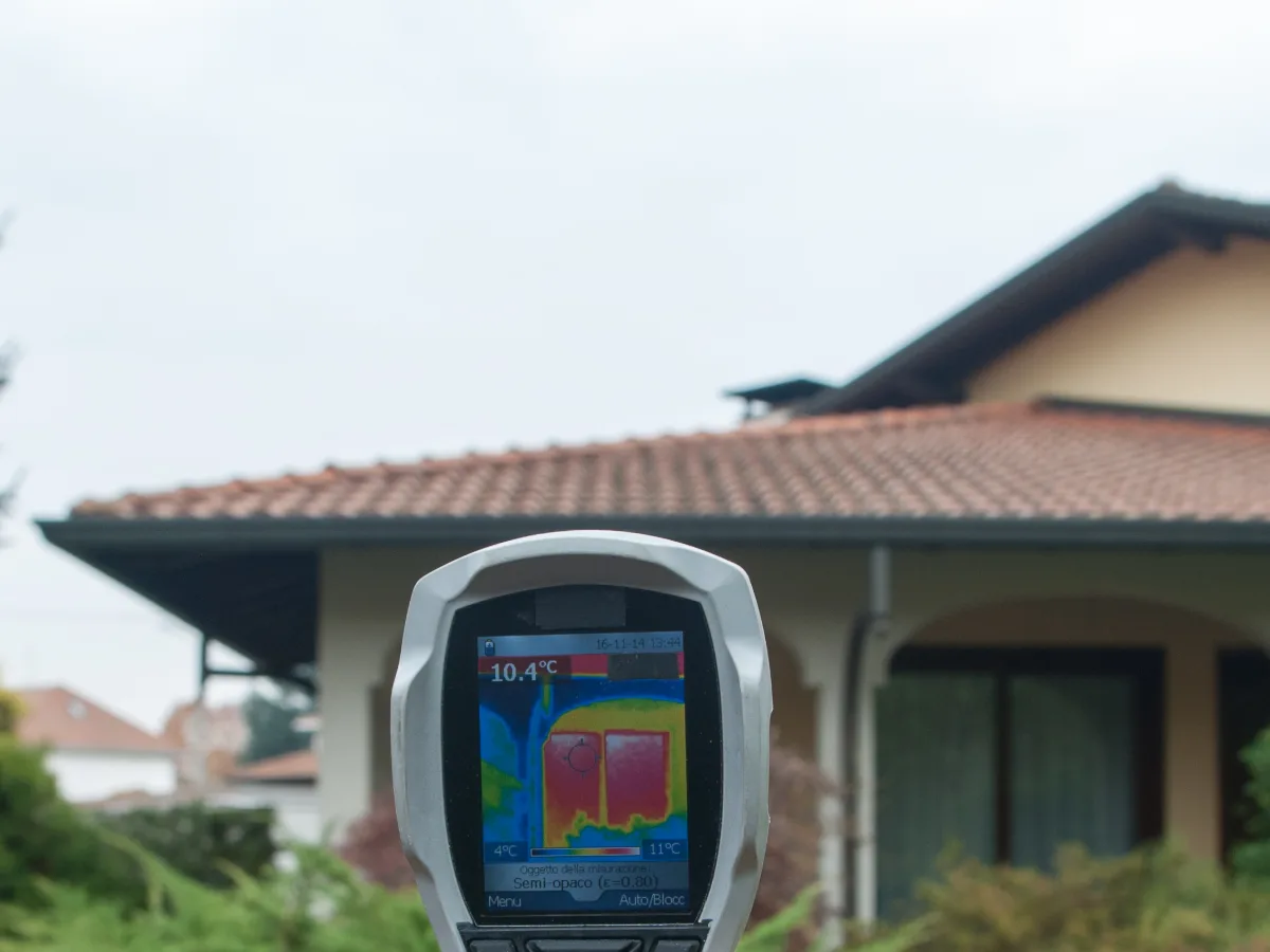 A thermal imaging camera showing a heat readout of a house exterior